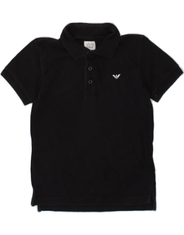 men's hoodies with a hood -ARMANI JUNIOR Boys Polo Shirt 7-8 Years Black Cotton