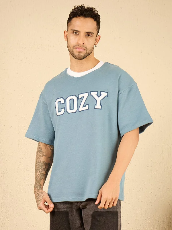 Blue Cozy Embroidered Oversized Tshirt