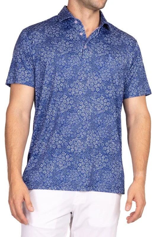 Blue Daisy Print Performance Polo