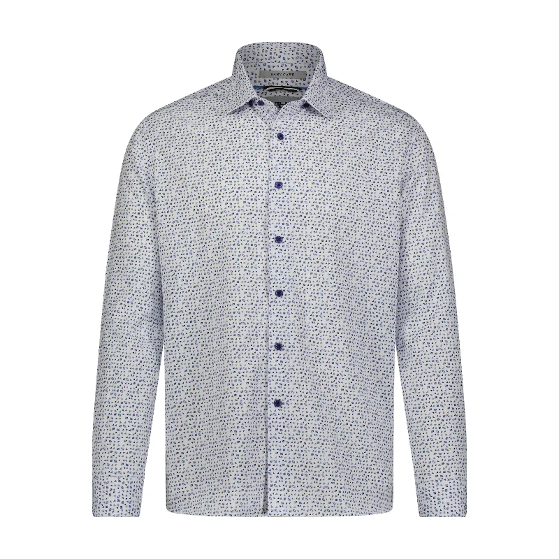 Blue Geo Print Hidden Button Down Long Sleeve Shirt