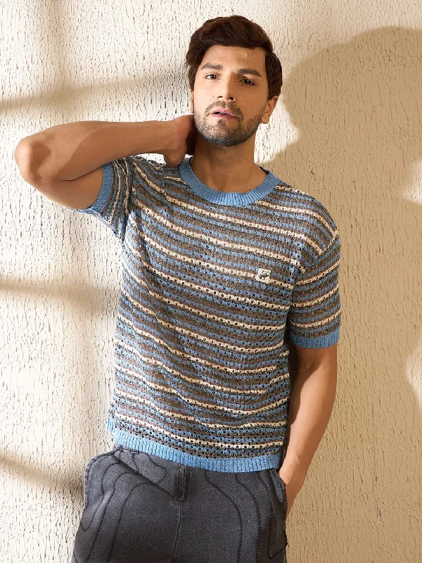 Blue Melange Striped Knitted Tshirt