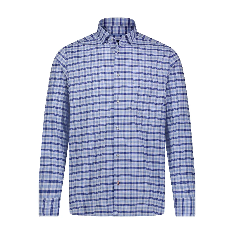 Blue Navy Plaid Check Woven Long Sleeve Shirt