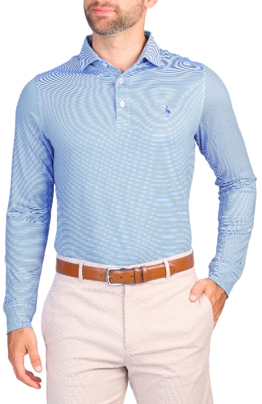 Blue Striped Long Sleeve Performance Polo