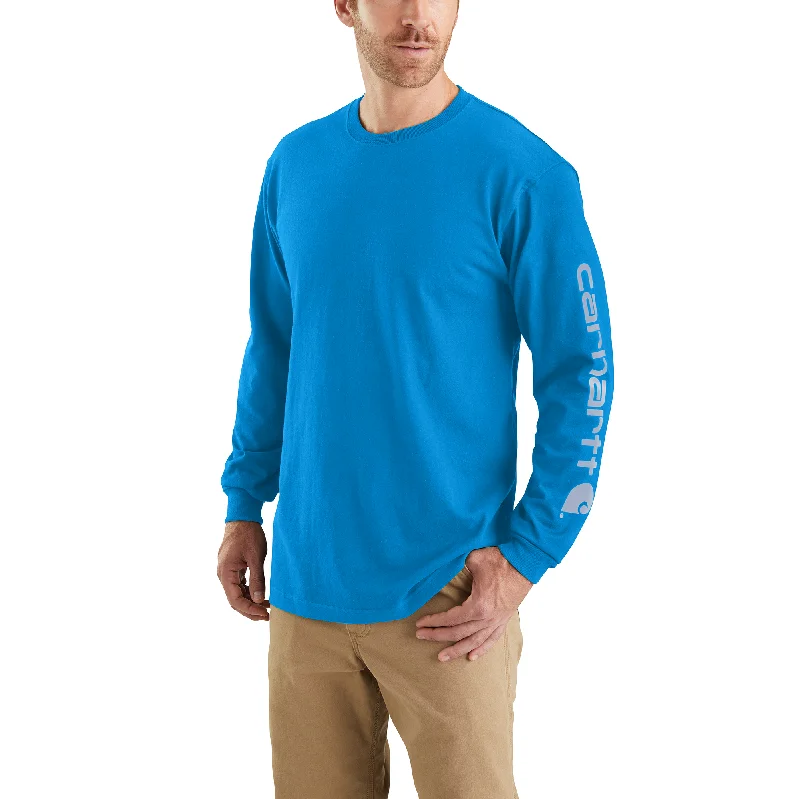 premium sweatshirts for men -Carhartt Men's Signature Logo Long Sleeve T-Shirt_Blue Glow