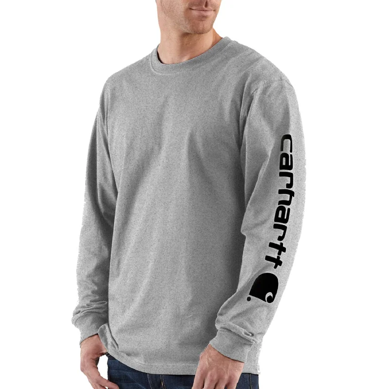 everyday hoodies for men -Carhartt Men's Signature Logo Long Sleeve T-Shirt_Heather Grey