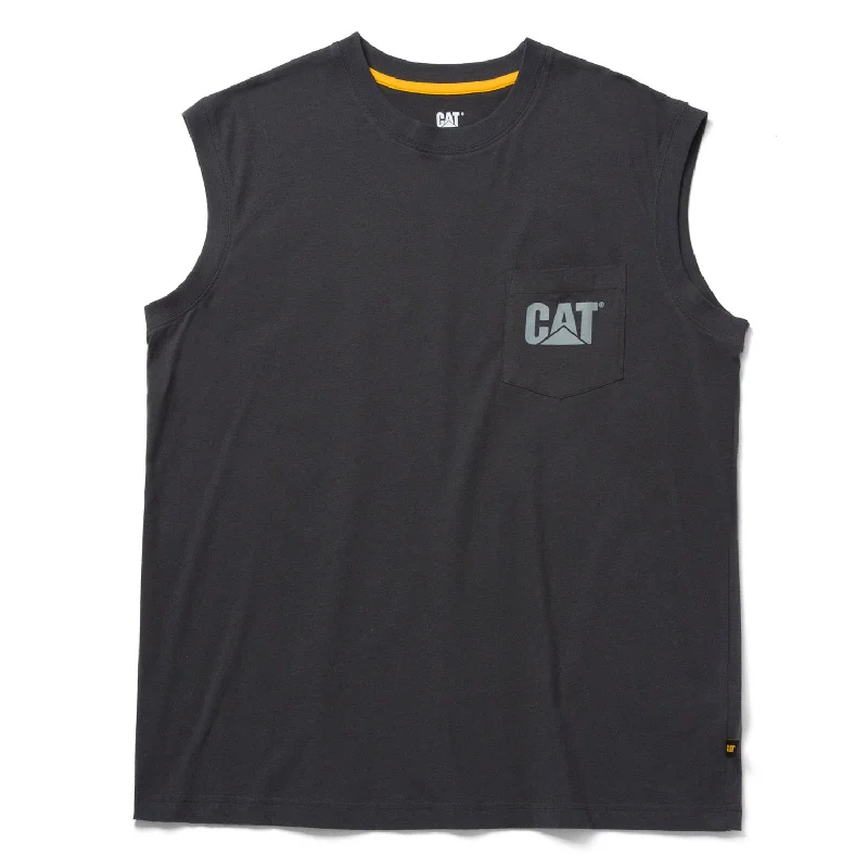 everyday hoodies for men -CAT Men's Trademark Sleeveless Pocket Tee