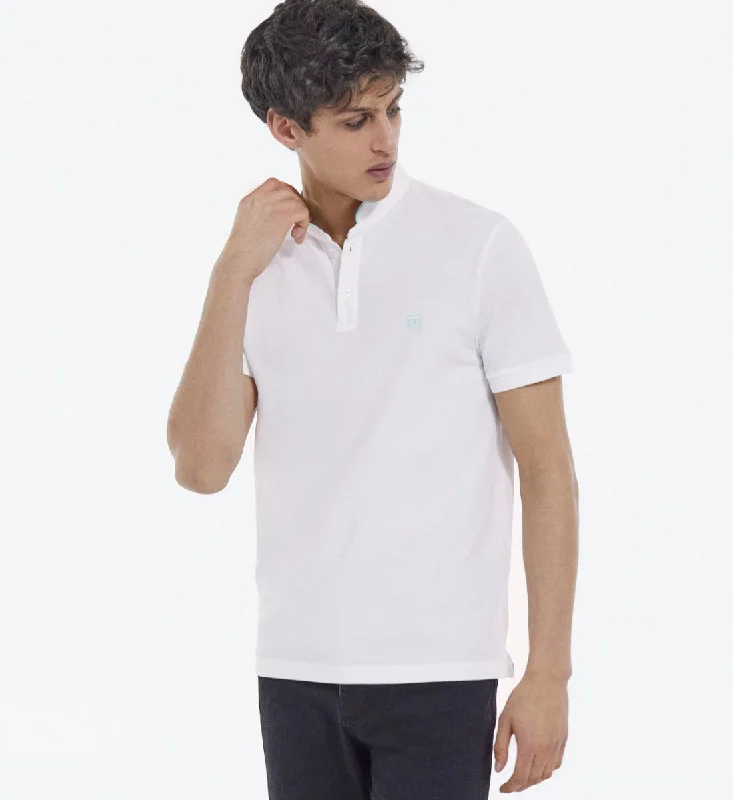 Embroidered White Polo W/ Buttoned Officer Collar