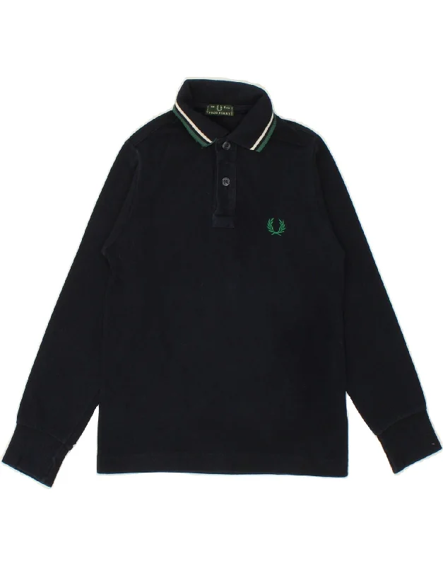 fashionable men's sweatshirts -FRED PERRY Boys Long Sleeve Polo Shirt 5-6 Years Navy Blue Cotton