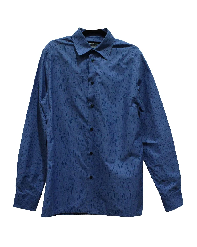 Hermès Logo-Print Button Down Shirt in Blue Print Cotton