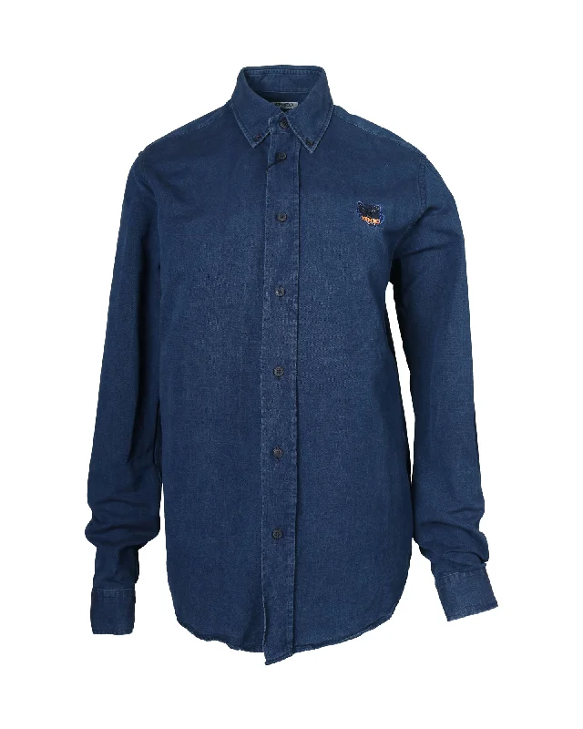 Kenzo Button Front Long Sleeve Shirt in Blue Cotton Denim