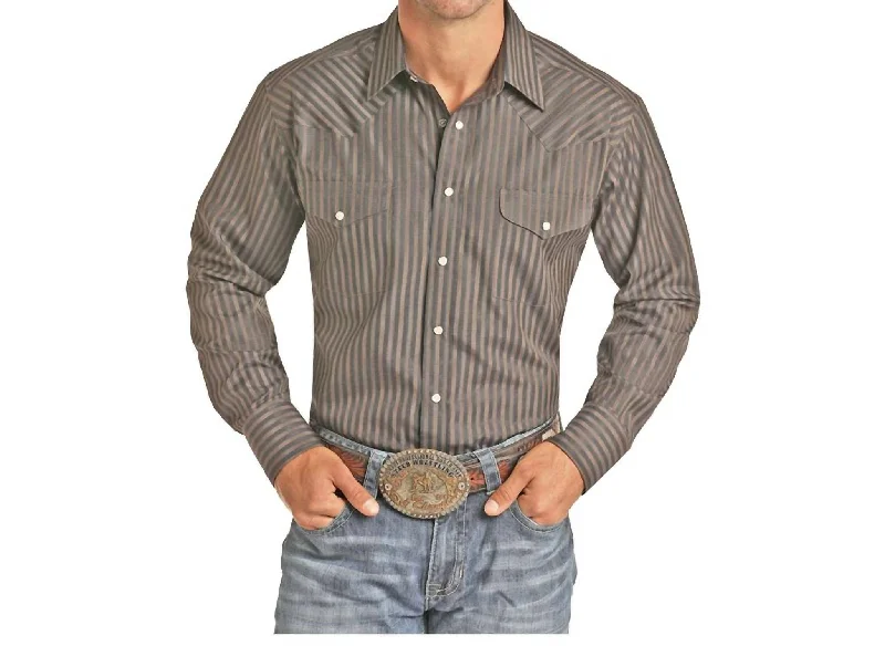 Men's Satin Dobby Stripe Western Snap Long Sleeve Shirt In Black Brown Stripe