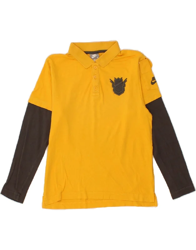 men's long sleeve hoodies -NIKE Boys Long Sleeve Polo Shirt 8-9 Years Small Yellow Colourblock Cotton