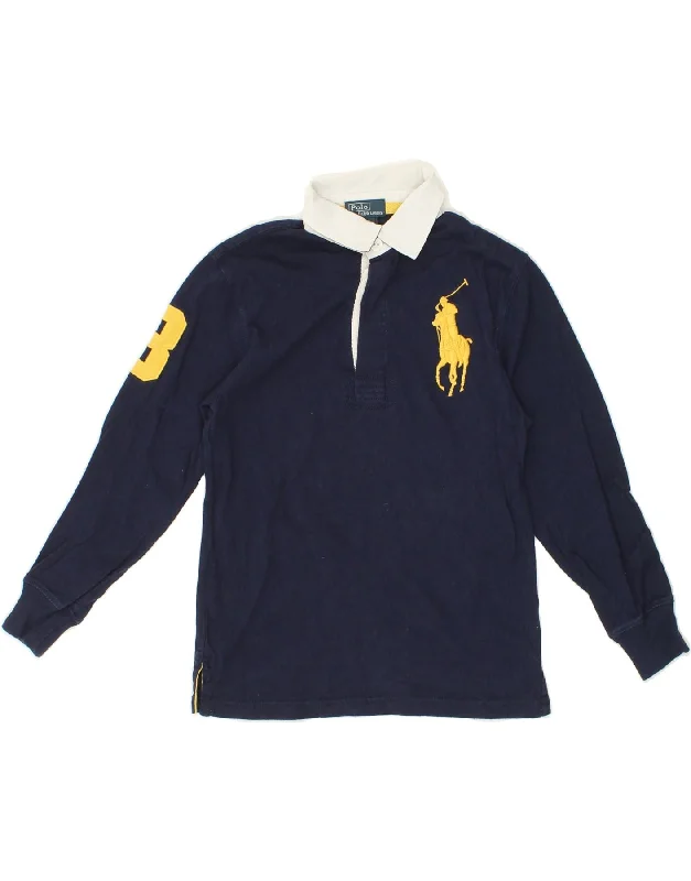 men's fashion hoodies -RALPH LAUREN Boys Graphic Long Sleeve Polo Shirt 7-8 Years Small Navy Blue