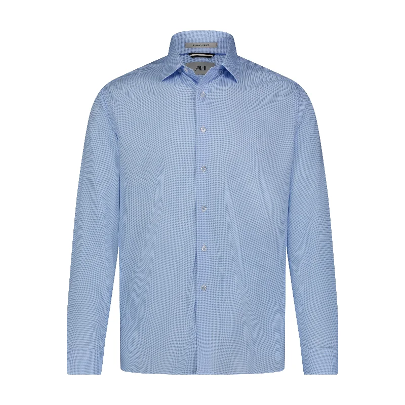 Sky Blue White Mini Geo Print Hidden Button Down Long Sleeve Shirt