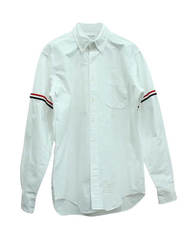 Thom Browne Button-Down Collar Striped Grosgrain-Trimmed Oxford Shirt in White Cotton