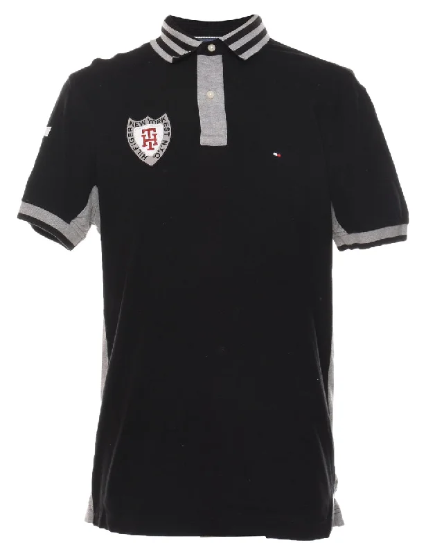 performance sweatshirts for men -Tommy Hilfiger Black Embroidered Polo Shirt - L