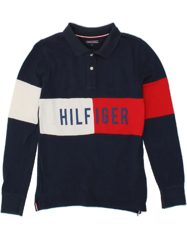 hoodies with slogans for men -TOMMY HILFIGER Boys Graphic Long Sleeve Polo Shirt 11-12 Years Navy Blue