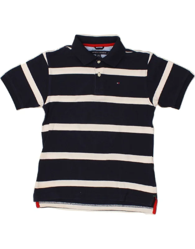 graphic sweatshirts for men -TOMMY HILFIGER Boys Polo Shirt 8-9 Years Small Navy Blue Striped Cotton