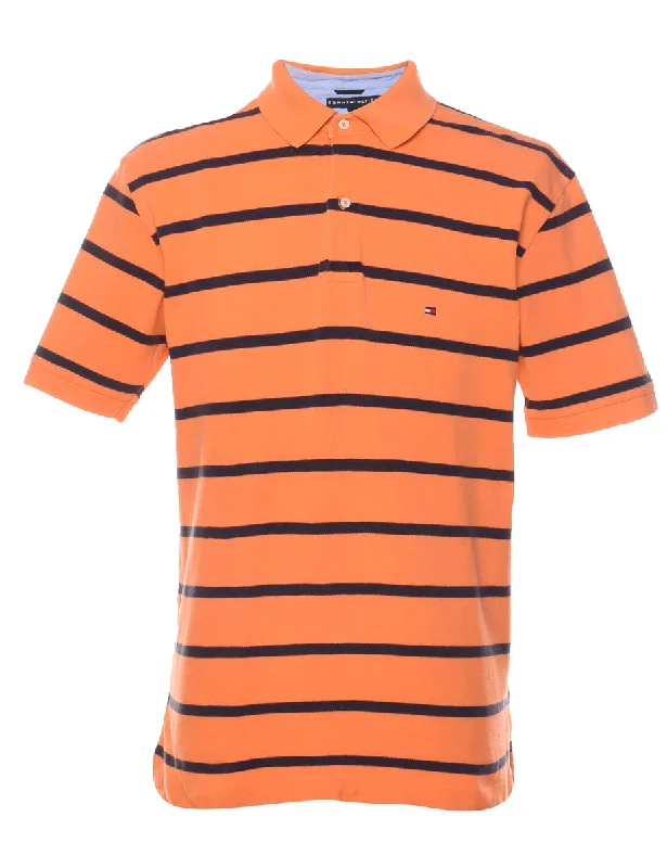 men's casual sweatshirts -Tommy Hilfiger Navy & Orange Striped Polo Shirt - L