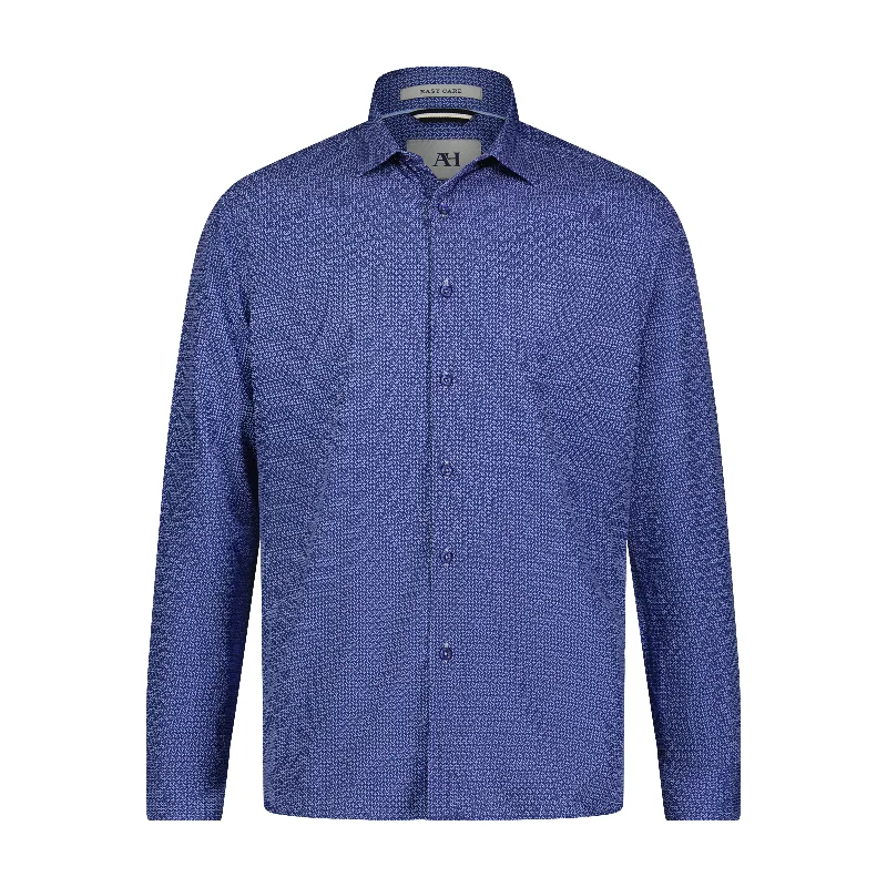 White Navy Blue Geo Print Hidden Button Down Long Sleeve Shirt