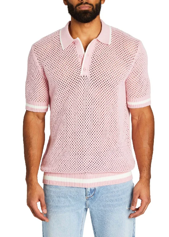 Zane Crochet Polo In Pink/white