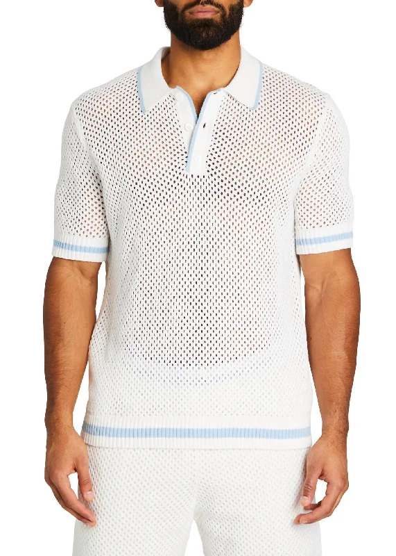 Zane Crochet Polo In White/blue