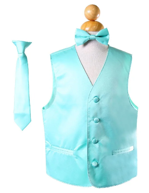 men's fitted vest jackets -Boys Aqua Satin Vest with Neck Tie and Bow Tie