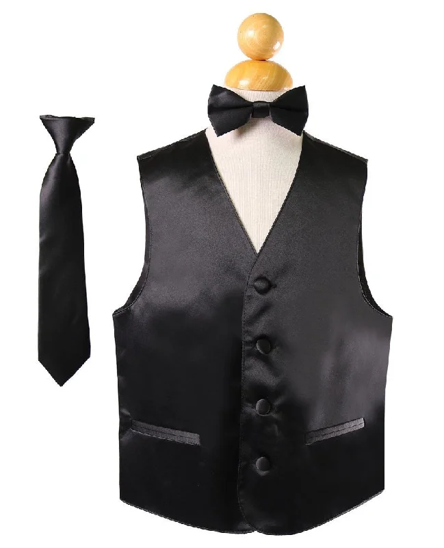 men's casual vest jackets -Boys Black Satin Vest with Neck Tie and Bow Tie