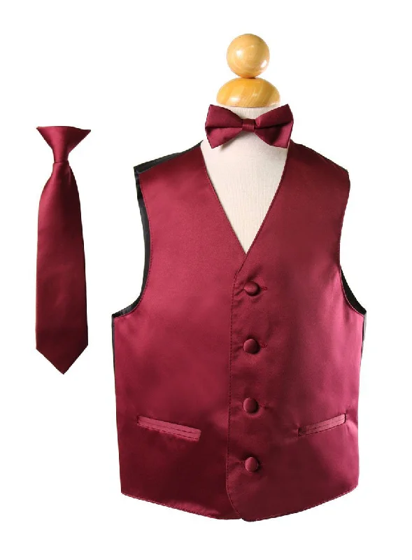 men's stylish knit vests -Boys Burgundy Satin Vest with Neck Tie and Bow Tie