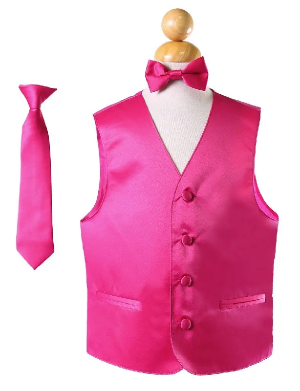 sleek vests for men -Boys Fuchsia Satin Vest with Neck Tie and Bow Tie