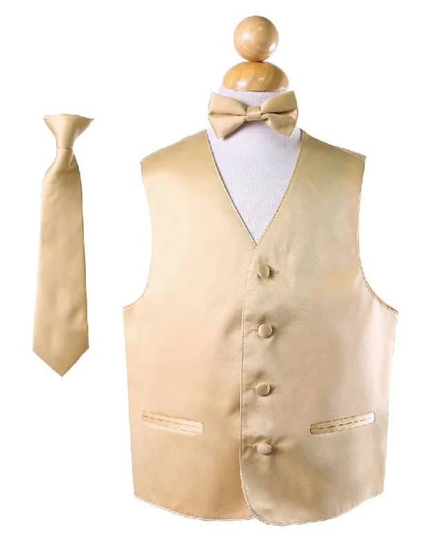 men's formal sleeveless vests -Boys Gold Satin Vest with Neck Tie and Bow Tie