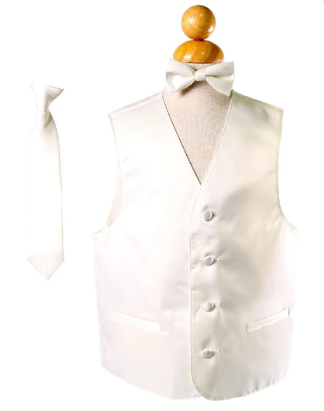 smart casual vests for men -Boys Ivory Satin Vest with Neck Tie and Bow Tie