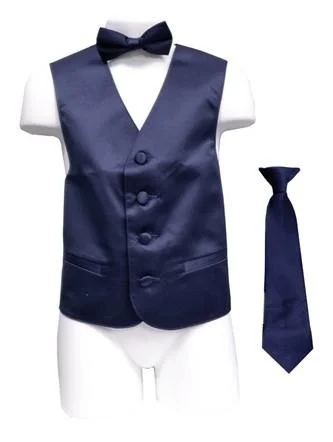 men's leather waistcoats -Boys Navy Blue Satin Vest with Neck Tie and Bow Tie