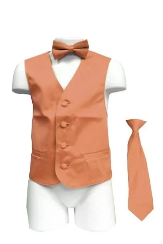 men's sleeveless jackets -Boys Peach Satin Vest with Neck Tie and Bow Tie