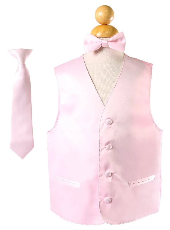 men's trendy waistcoats -Boys Pink Satin Vest with Neck Tie and Bow Tie