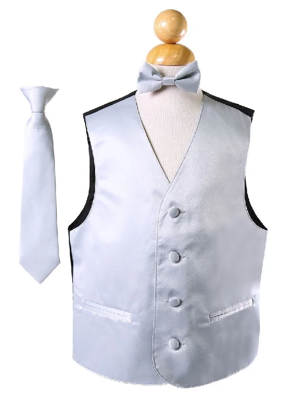 trendy vests for men -Boys Silver Satin Vest with Neck Tie and Bow Tie