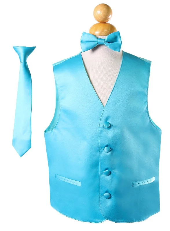 men's vests with zippers -Boys Turquoise Satin Vest with Neck Tie and Bow Tie