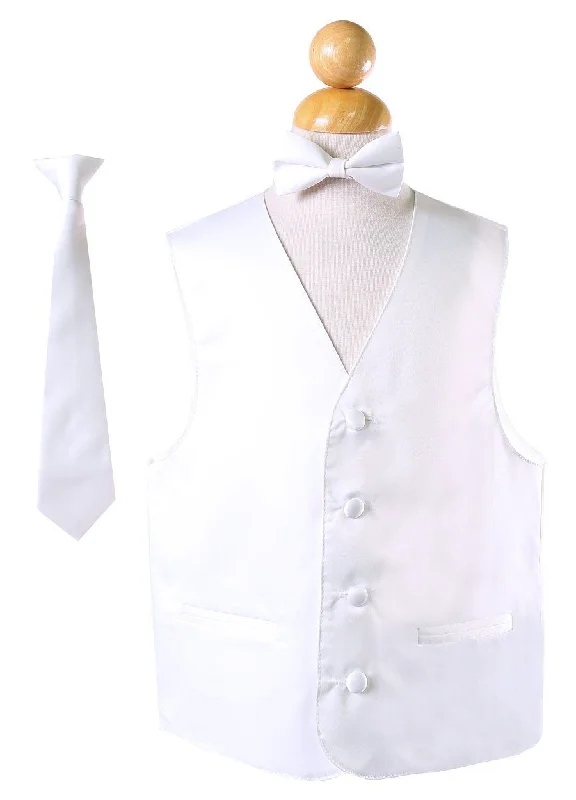 men's premium vests -Boys White Satin Vest with Neck Tie and Bow Tie