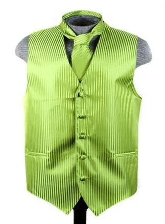 men's casual plaid vests -Men's Apple Green Striped Vest with Neck Tie