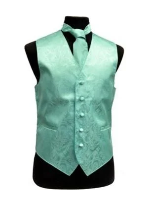 men's zip-up vests -Men's Aqua Paisley Vest with Neck Tie