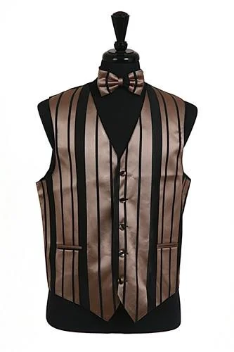 men's vests with zippers -Men's Black/Mocha Striped Vest with Neck Tie and Bow Tie