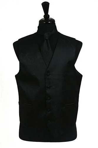 men's vest with pockets -Men's Black Paisley Vest with Neck Tie