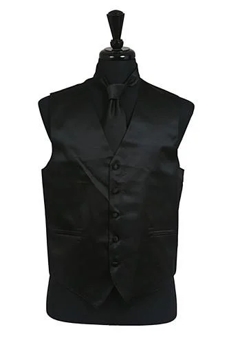 wool vests for men -Men's Black Satin Vest with Neck Tie