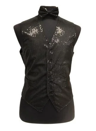 men's fashionable vests -Men's Black Sequined Vest with Bow Tie