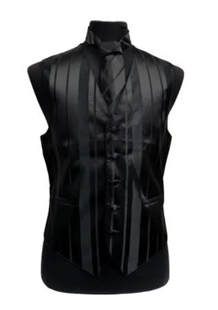 men's waistcoats for winter -Men's Black Striped Vest with Neck Tie and Bow Tie