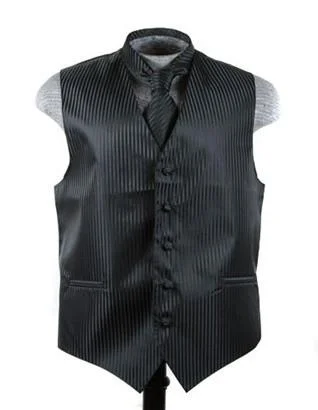 men's zippered waistcoats -Men's Black Striped Vest with Neck Tie