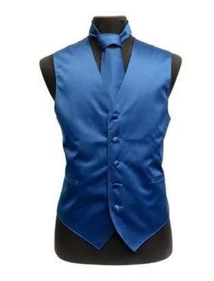 men's casual puffer vests -Men's Blue Satin Vest with Neck Tie