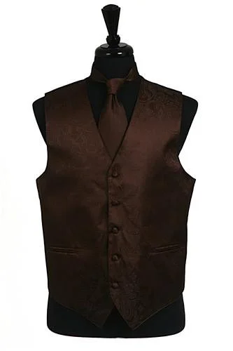 leather vests for men -Men's Brown Paisley Vest with Neck Tie