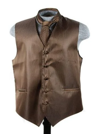 men's black vests for formal wear -Men's Brown Striped Vest with Neck Tie