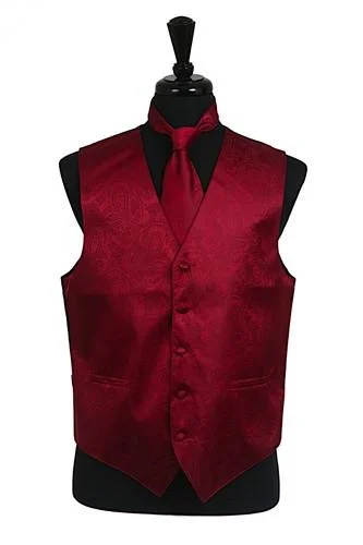 men's vest for weddings -Men's Burgundy Paisley Vest with Neck Tie